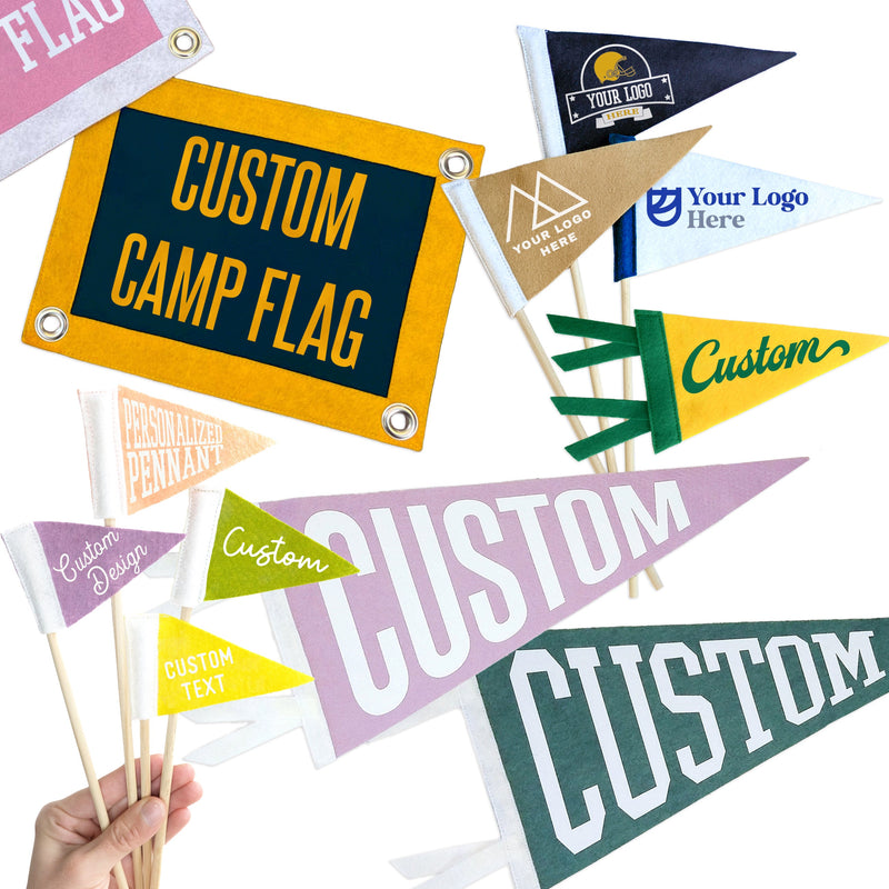 A collection of colorful customizable flags, pennants and banners