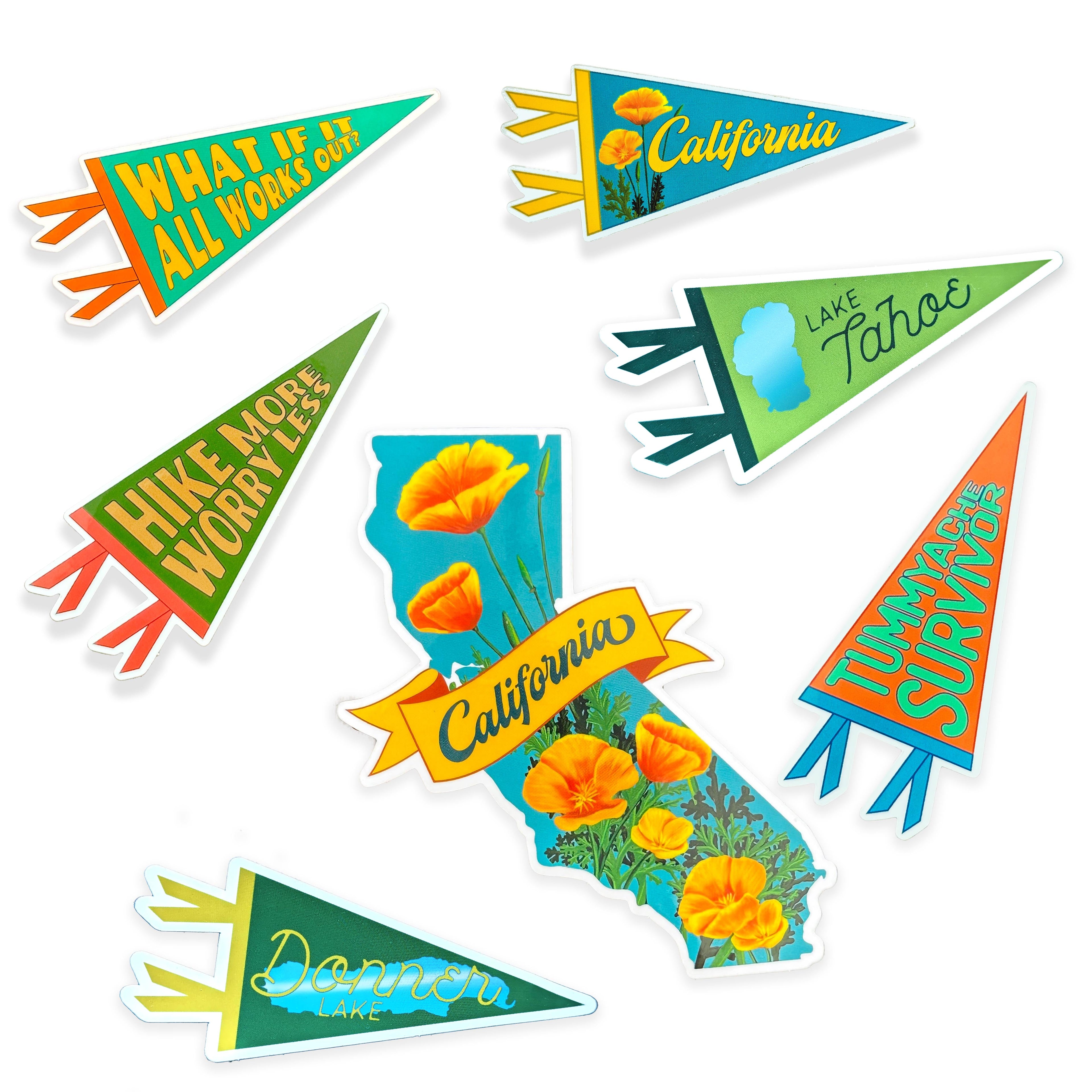 A collection of brightly colored stickers on a white background