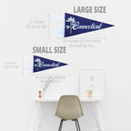 Comparison of large and small Connecticut-themed pennants with measurements on a white background.