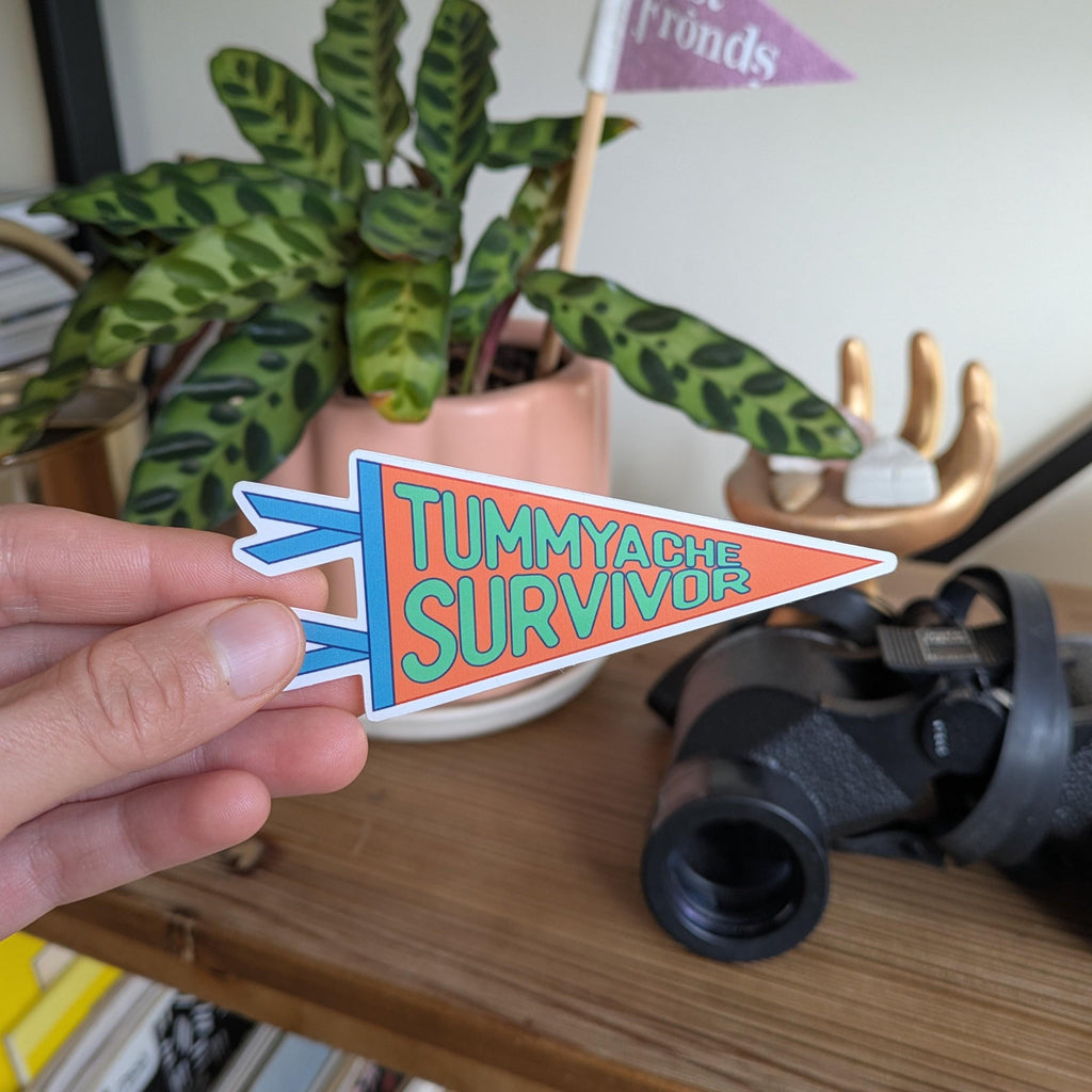 a hand holding a pennant shaped "Tummyache Survivor" sticker, with a shelf and a plant in the background.