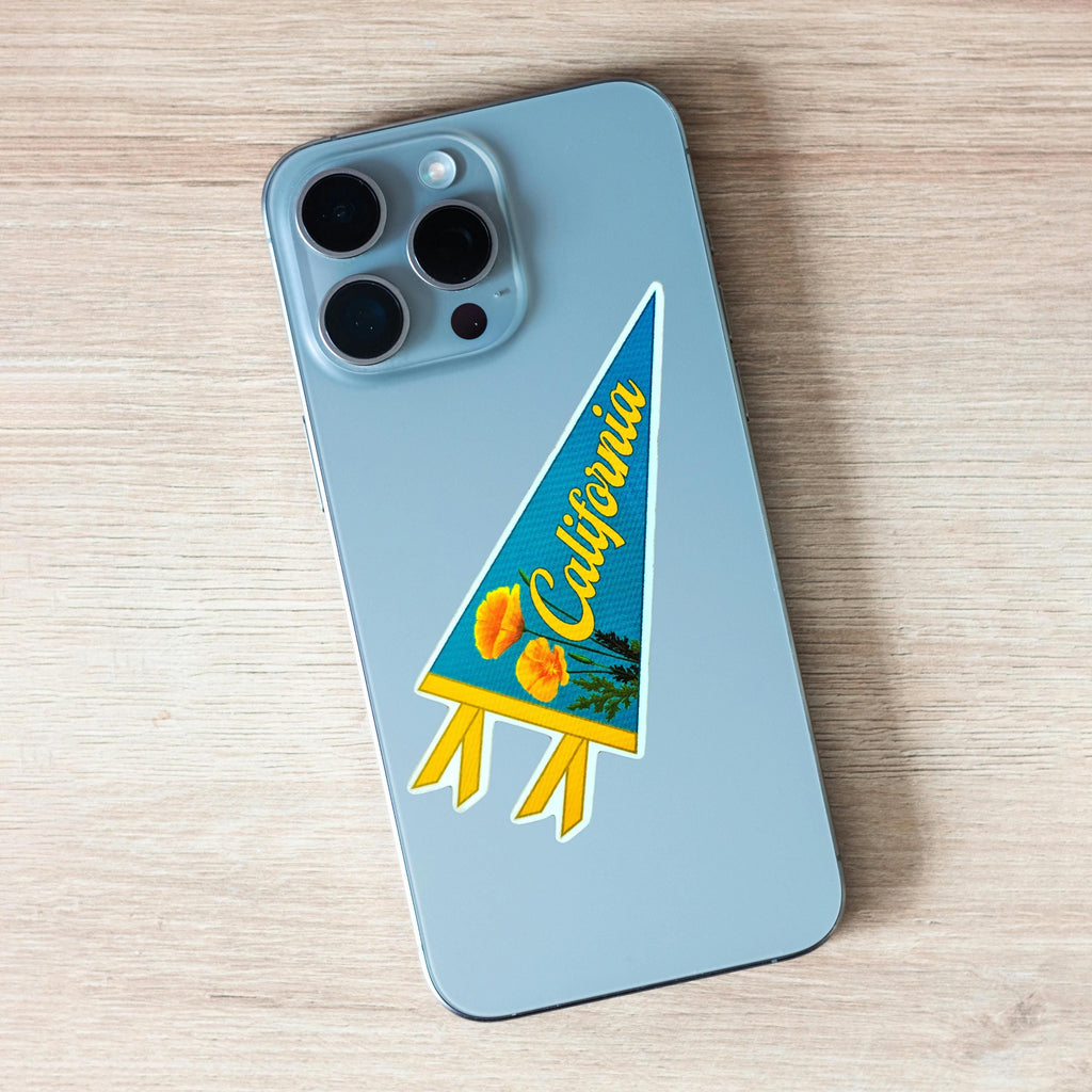 Phone case with 'California' pennant-shaped blue and orange sticker with flowers on it