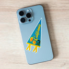 Phone case with 'California' pennant-shaped blue and orange sticker with flowers on it