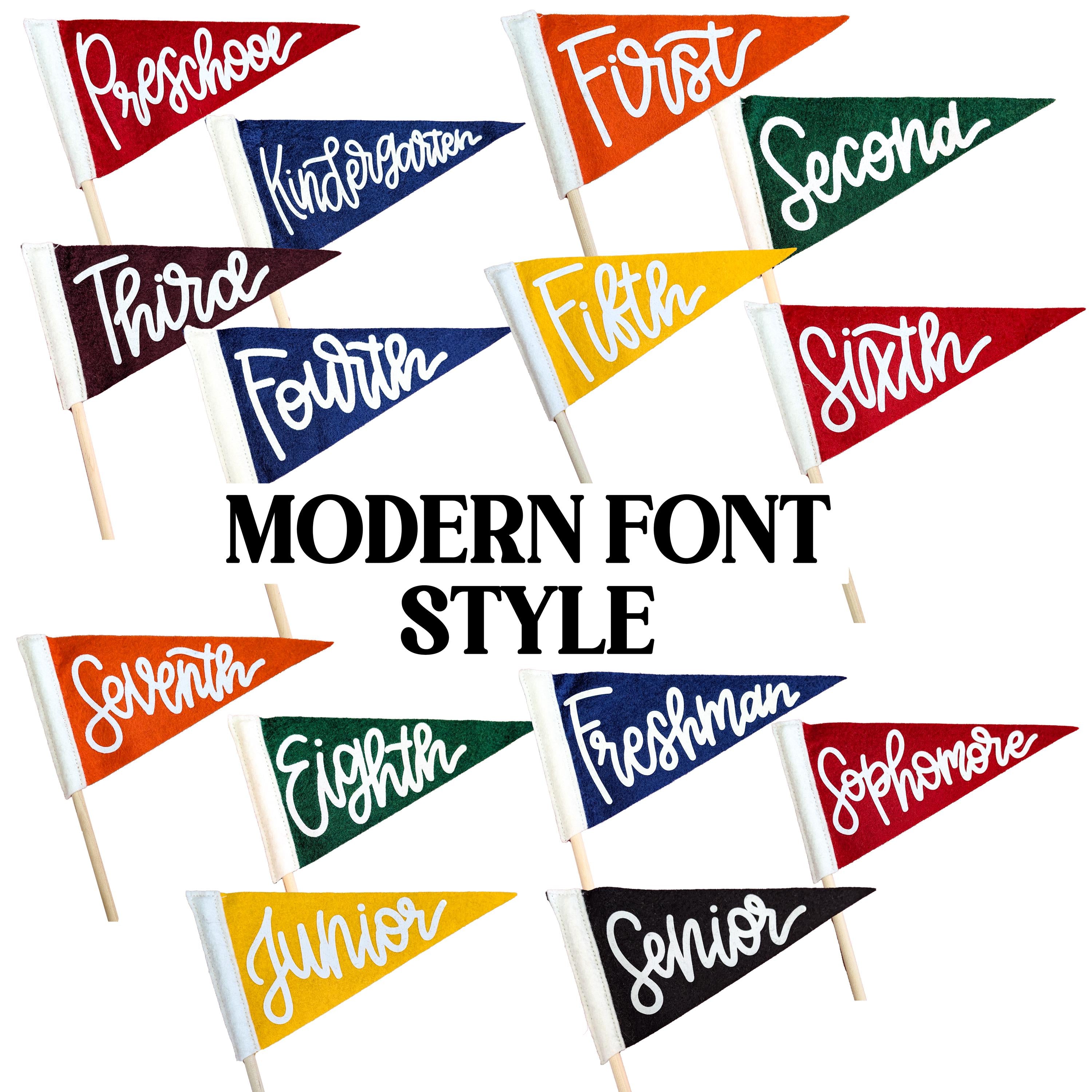 Modern

A display showing the Modern font style on multi-color pennant flags