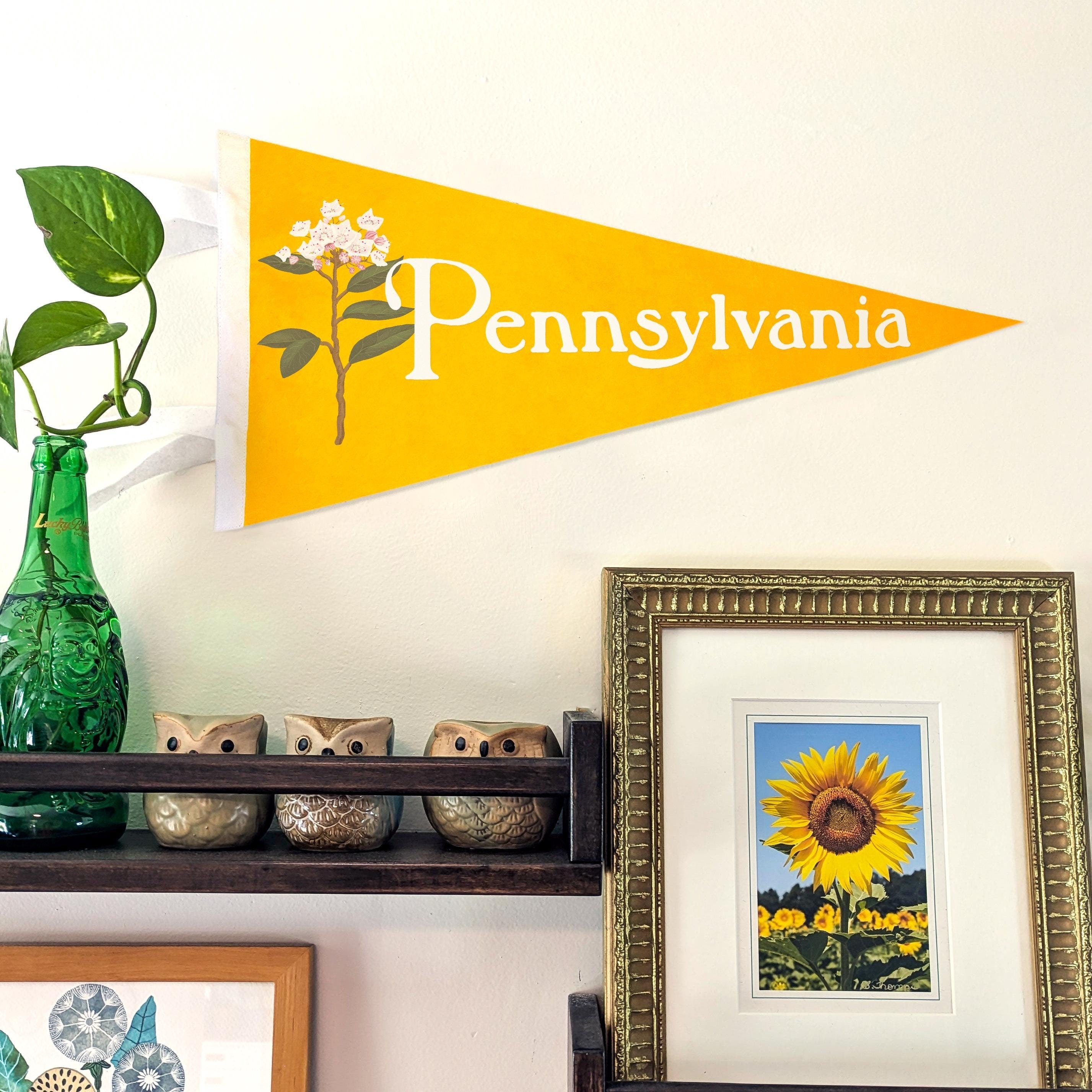 Decorative shelf with a yellow 'Pennsylvania' pennant, green vase, owl figurines, and framed sunflower picture.
