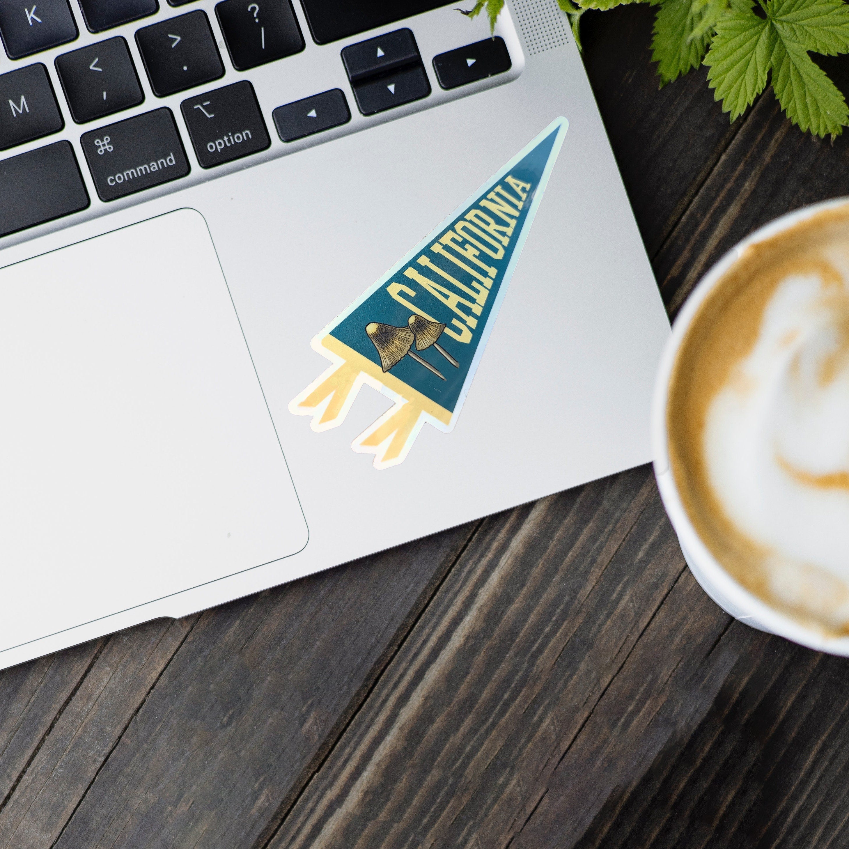 Laptop with a 'California' sticker on a wooden surface next to a cup of coffee.