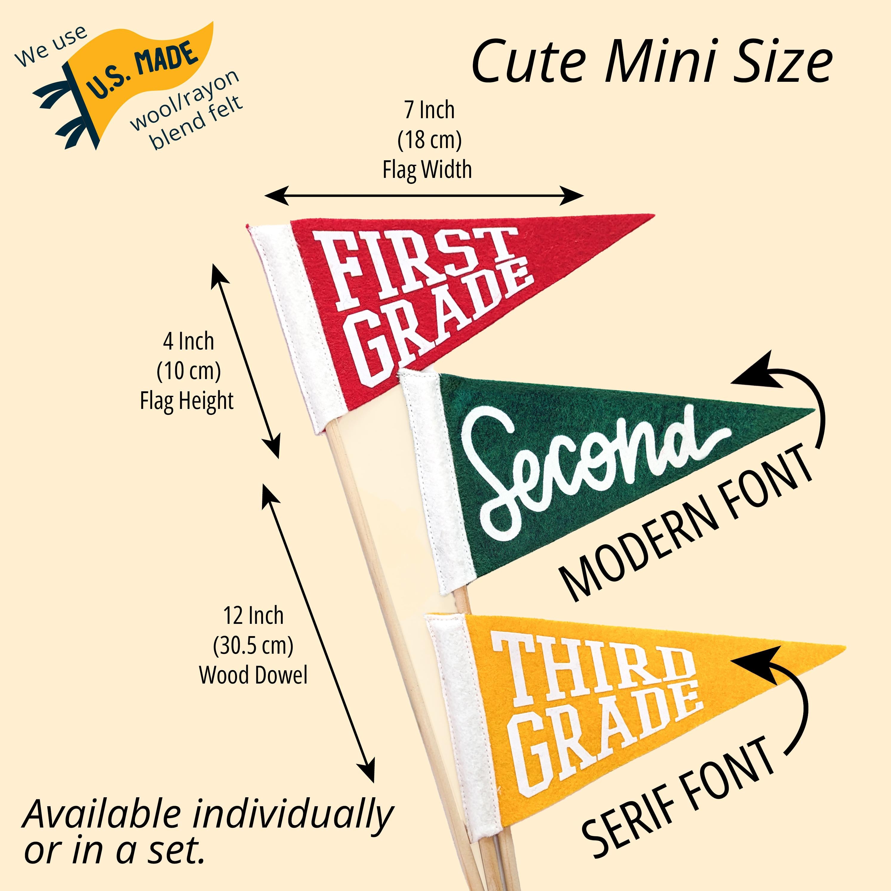 Three mini pennant flags with text indicating grade levels and font styles, on a beige background.