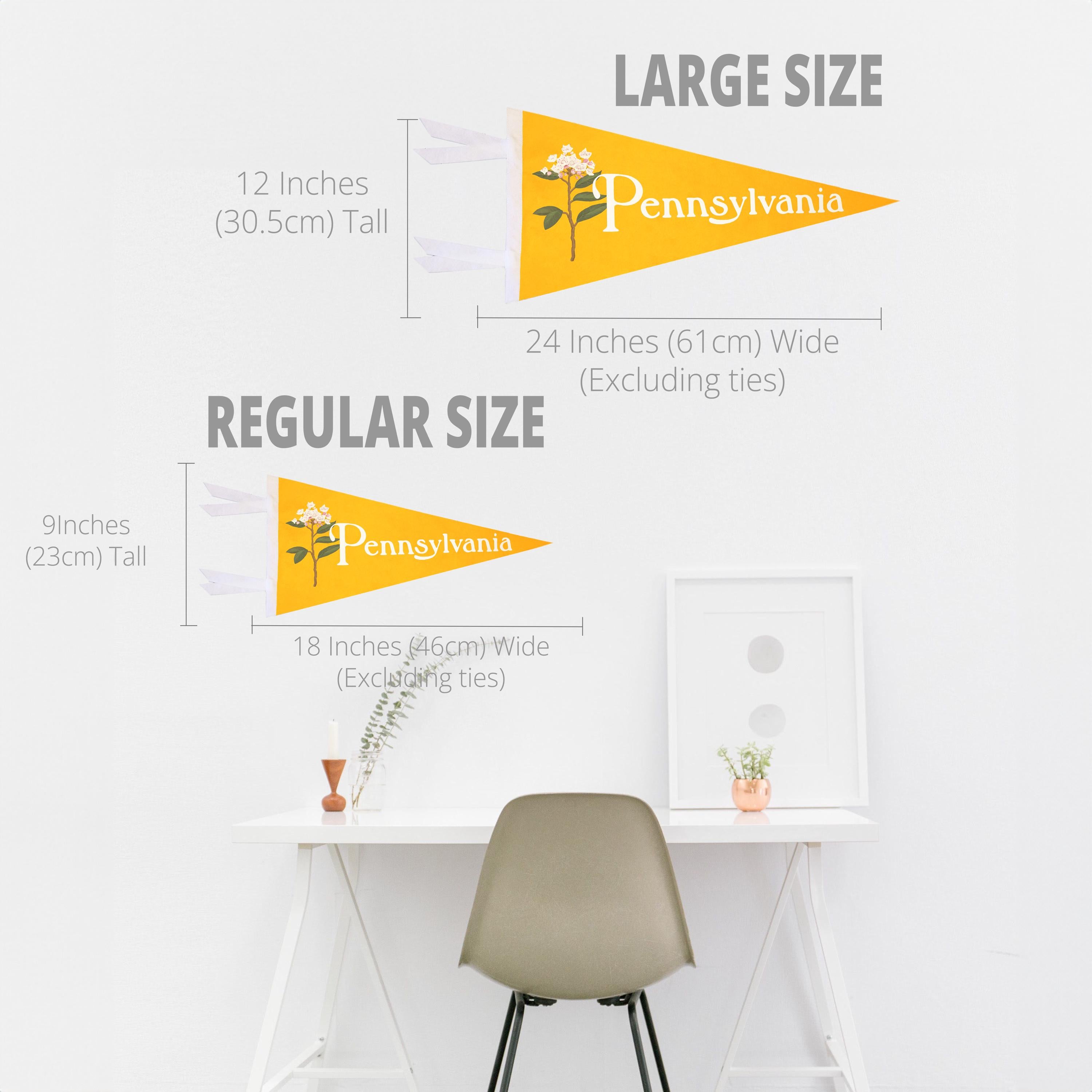 Comparison of large and regular-sized Pennsylvania-themed wall flags with measurements and a minimalistic room setting.