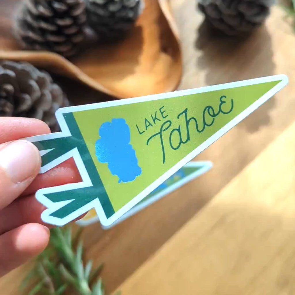 Hand holding a 'Lake Tahoe' themed pennant shaped sticker.