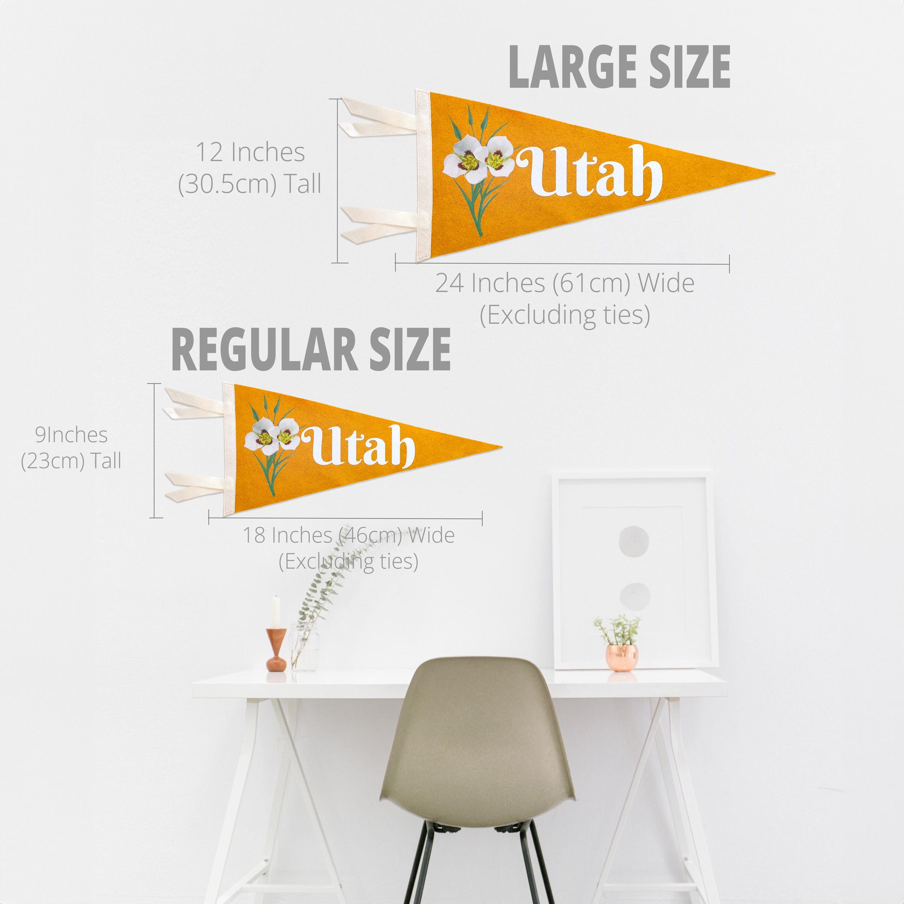 Comparison of large and regular size Utah-themed pennants with measurements and a minimalistic room setting.