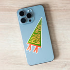 Phone case with a 'Hike More Worry Less'  pennant-shaped sticker on it
