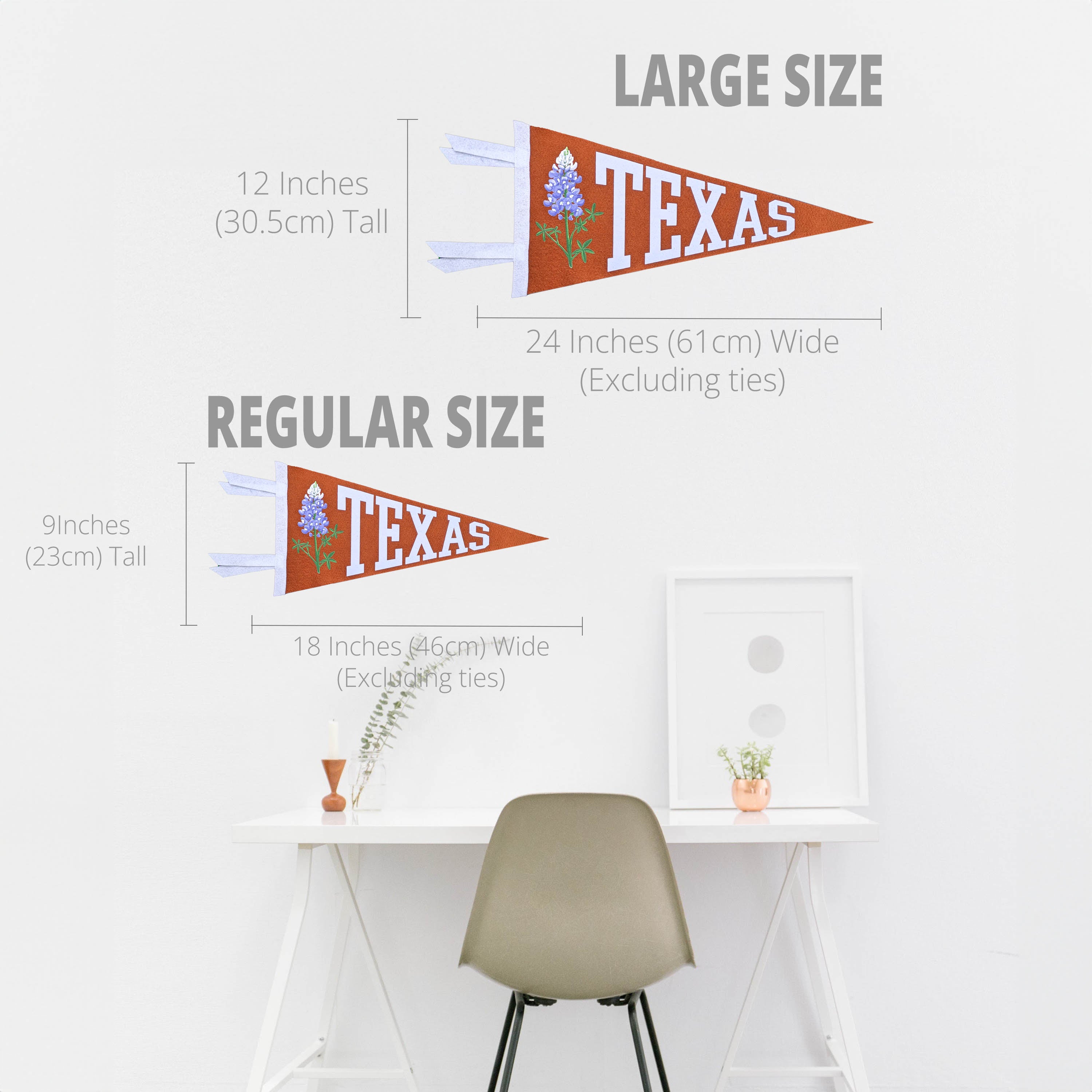 Comparison of Texas-themed wall flags in large and regular sizes with measurements and a minimalistic room setting.
