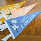 Three decorative pennants with 'Utah', 'Georgia', and 'North Carolina' text on a wooden surface.