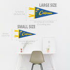 Comparison of large and small California-themed pennants with measurements and a white wall background.