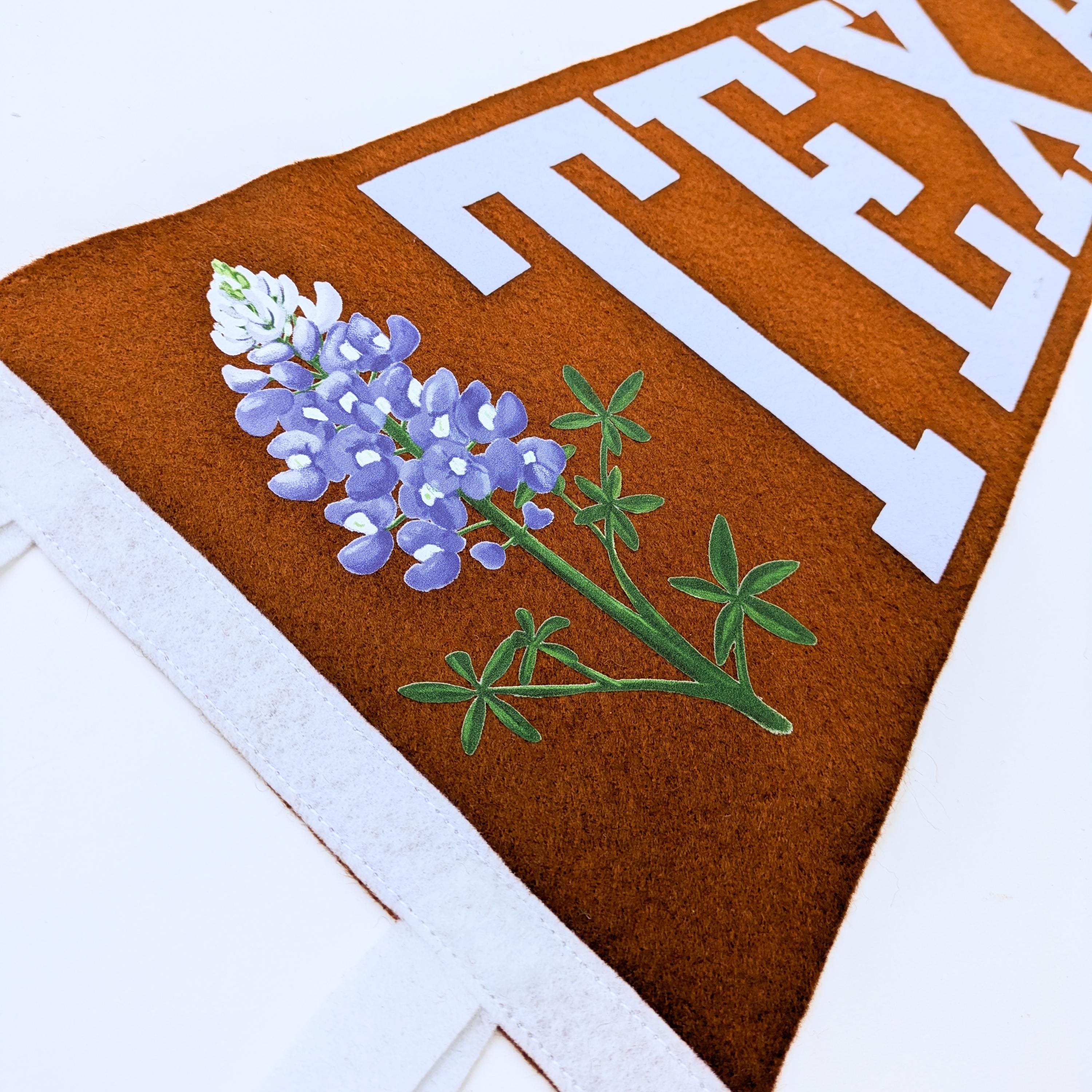A copper colored pennant close up showing a bluebonnet design and 'TEXAS' text
