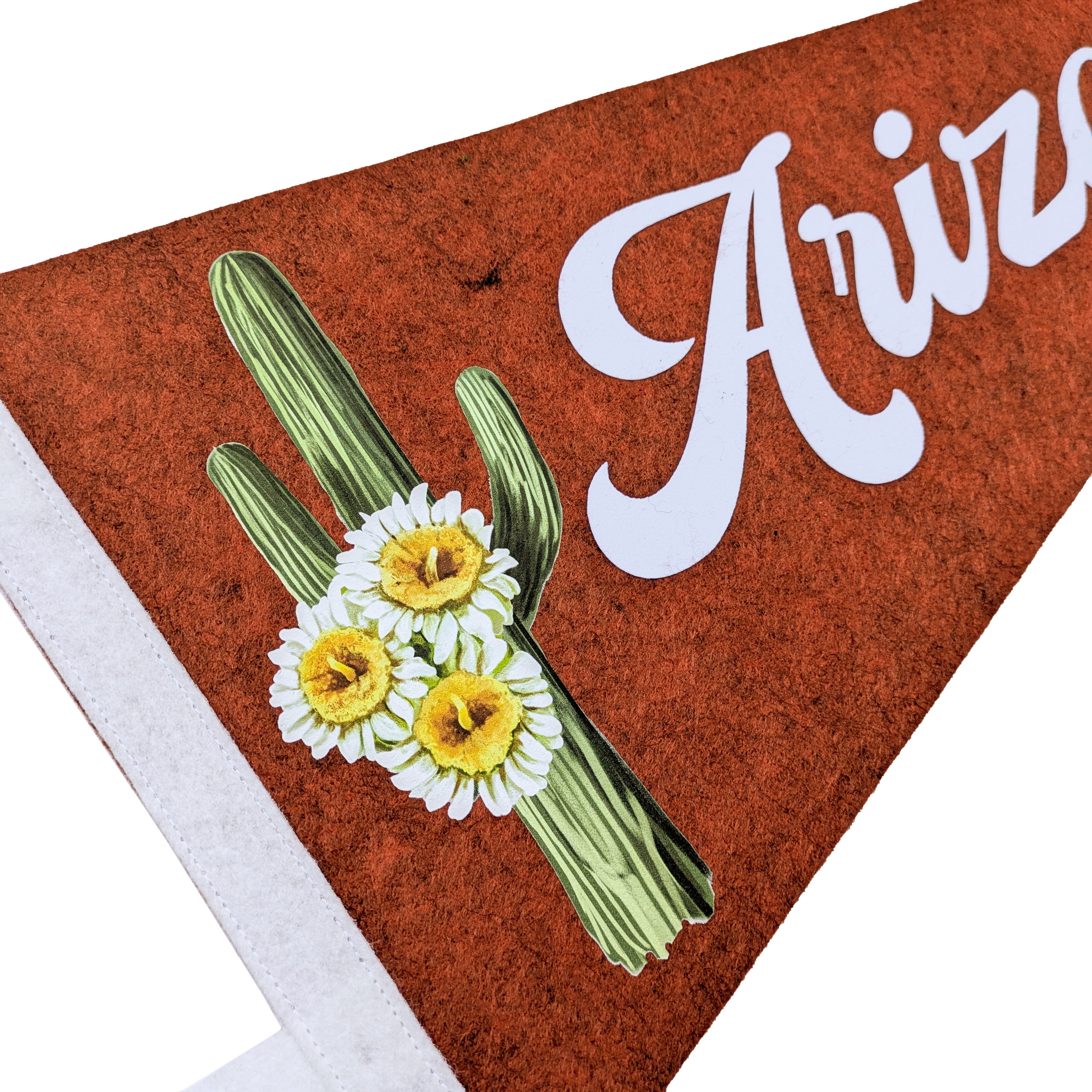 Decorative pennant with cactus and flowers on a red background with 'Arizona' text.