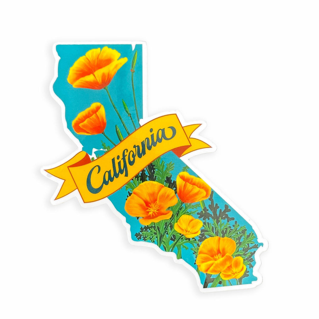A California shaped sticker with orange flowers and a yellow banner on a white background