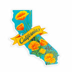 A California shaped sticker with orange flowers and a yellow banner on a white background