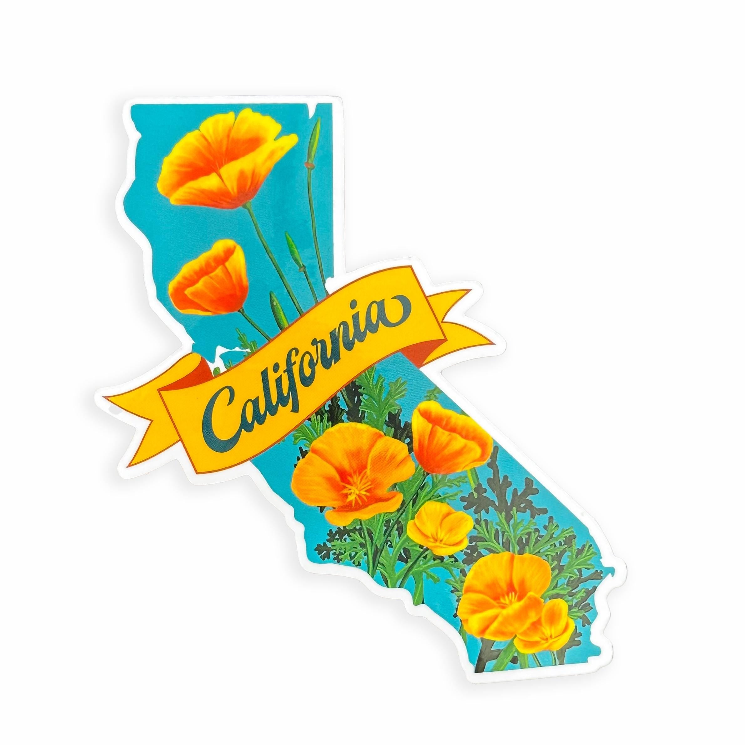 A California shaped sticker with orange flowers and a yellow banner on a white background