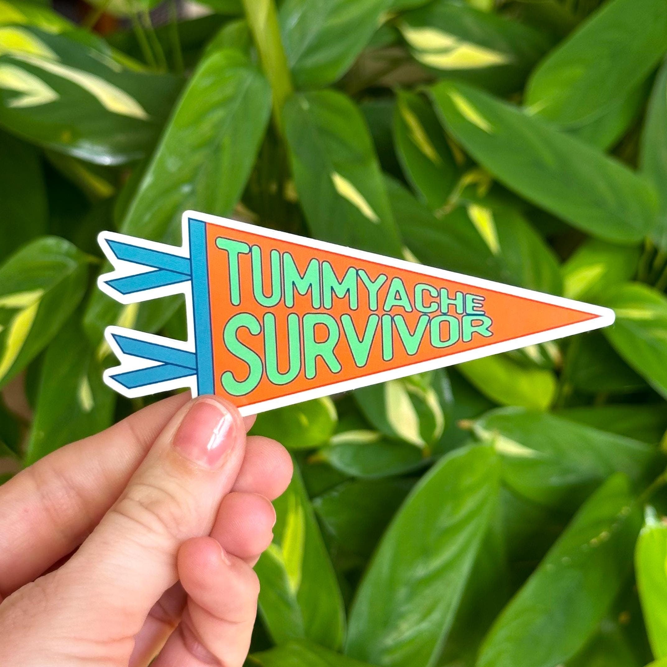 Hand holding a 'Tummyache Survivor' pennant-shaped sticker against a green leafy background
