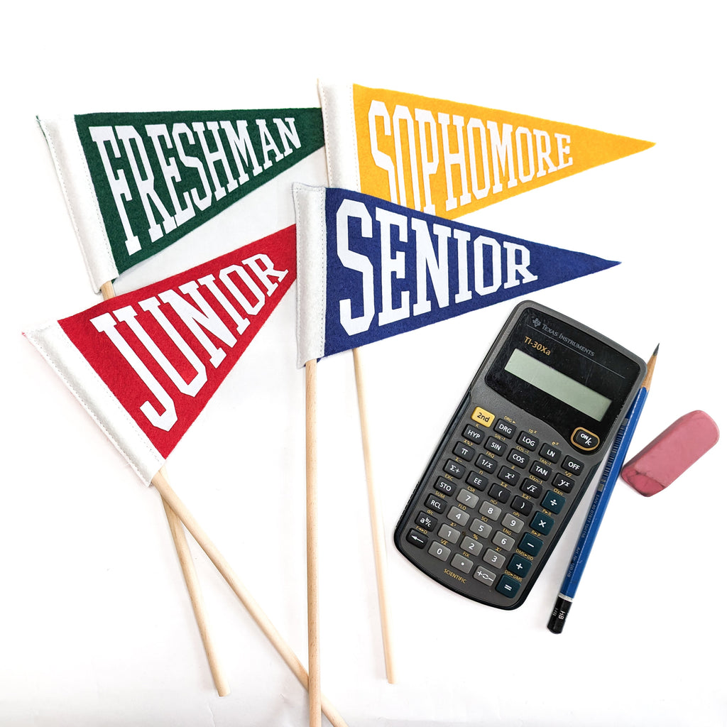 Flags labeled 'Freshman', 'Sophomore', 'Junior', and 'Senior' with a calculator and pencil on a white background.