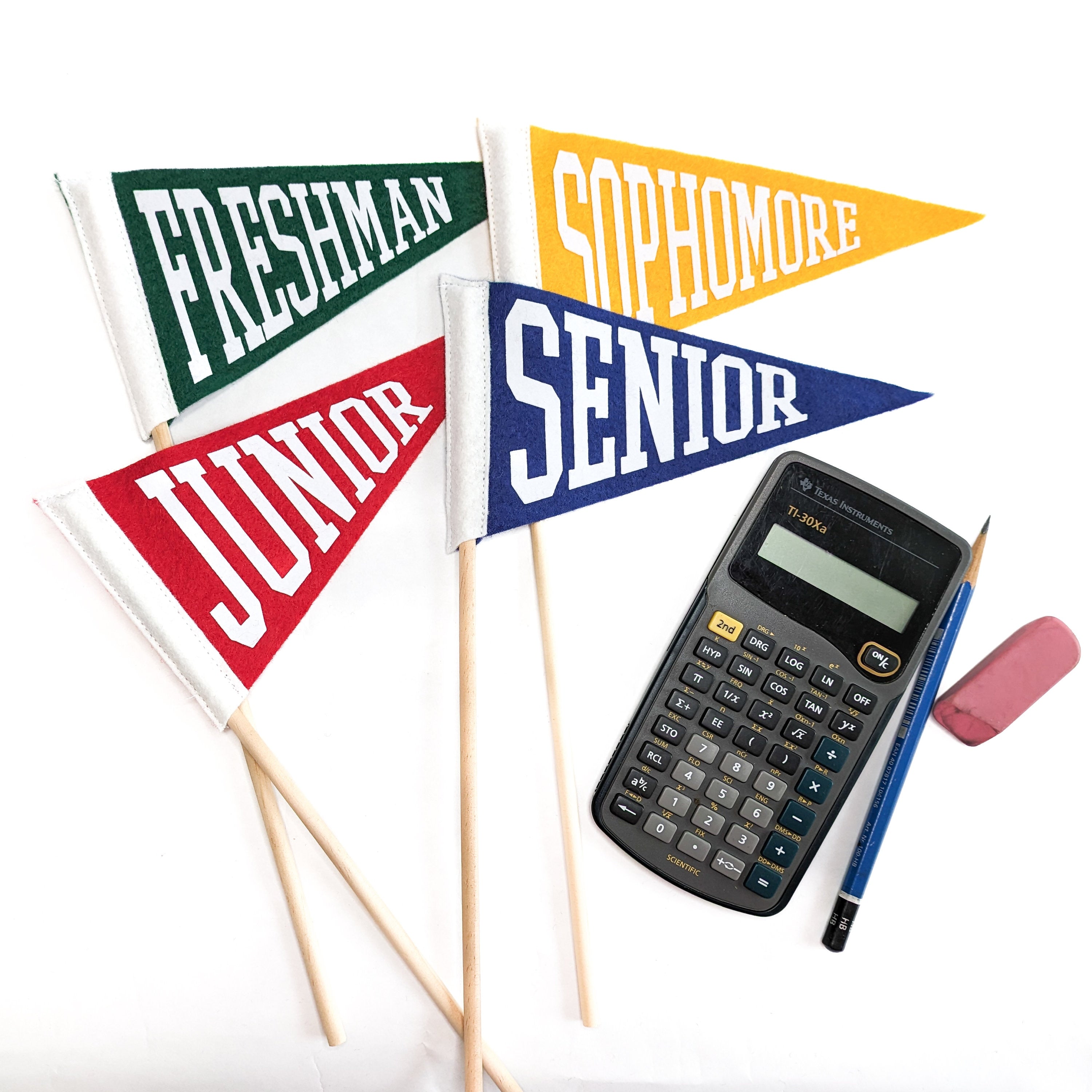 Flags labeled 'Freshman', 'Sophomore', 'Junior', and 'Senior' with a calculator and pencil on a white background.