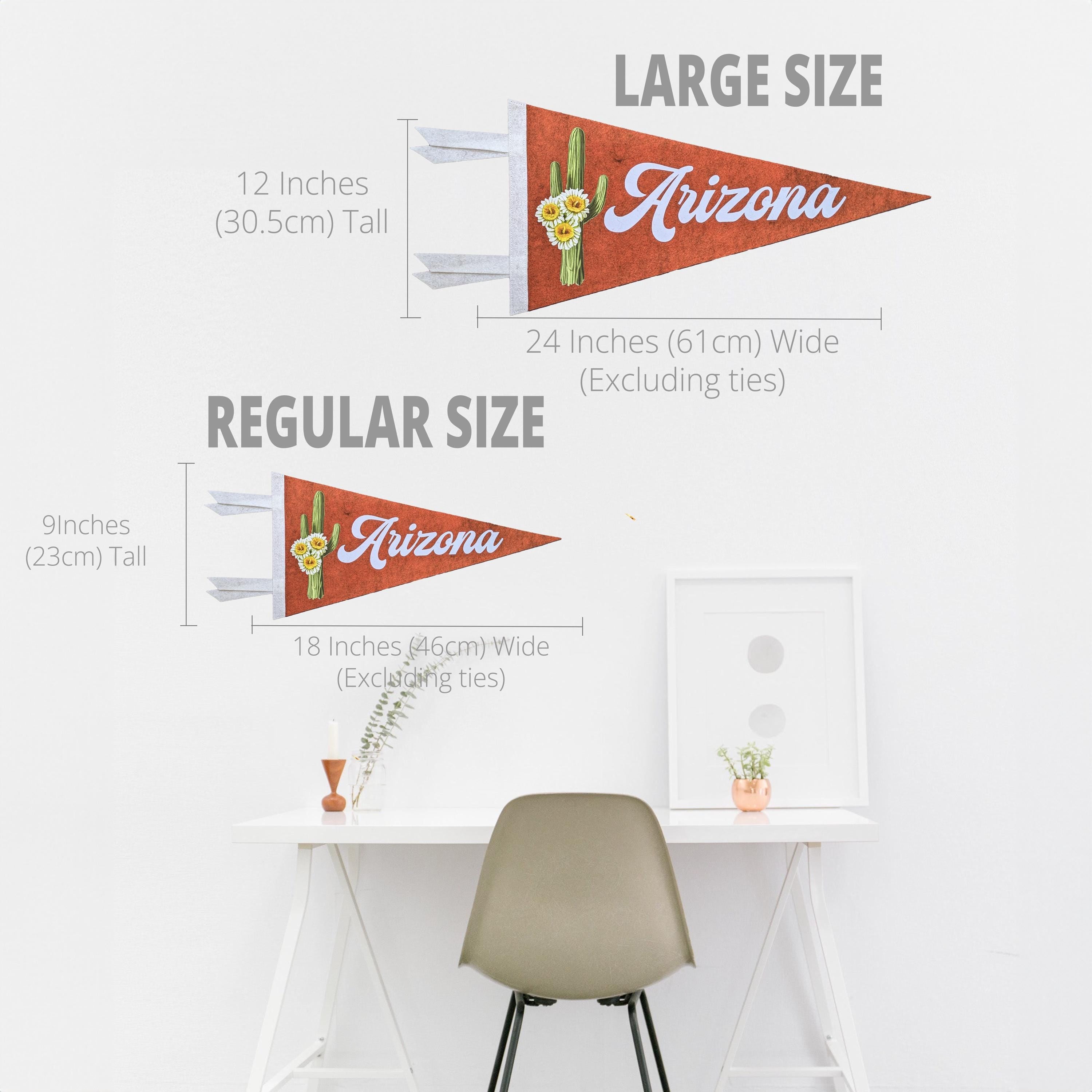 Comparison of large and regular size Arizona-themed pennants with measurements on a white background.