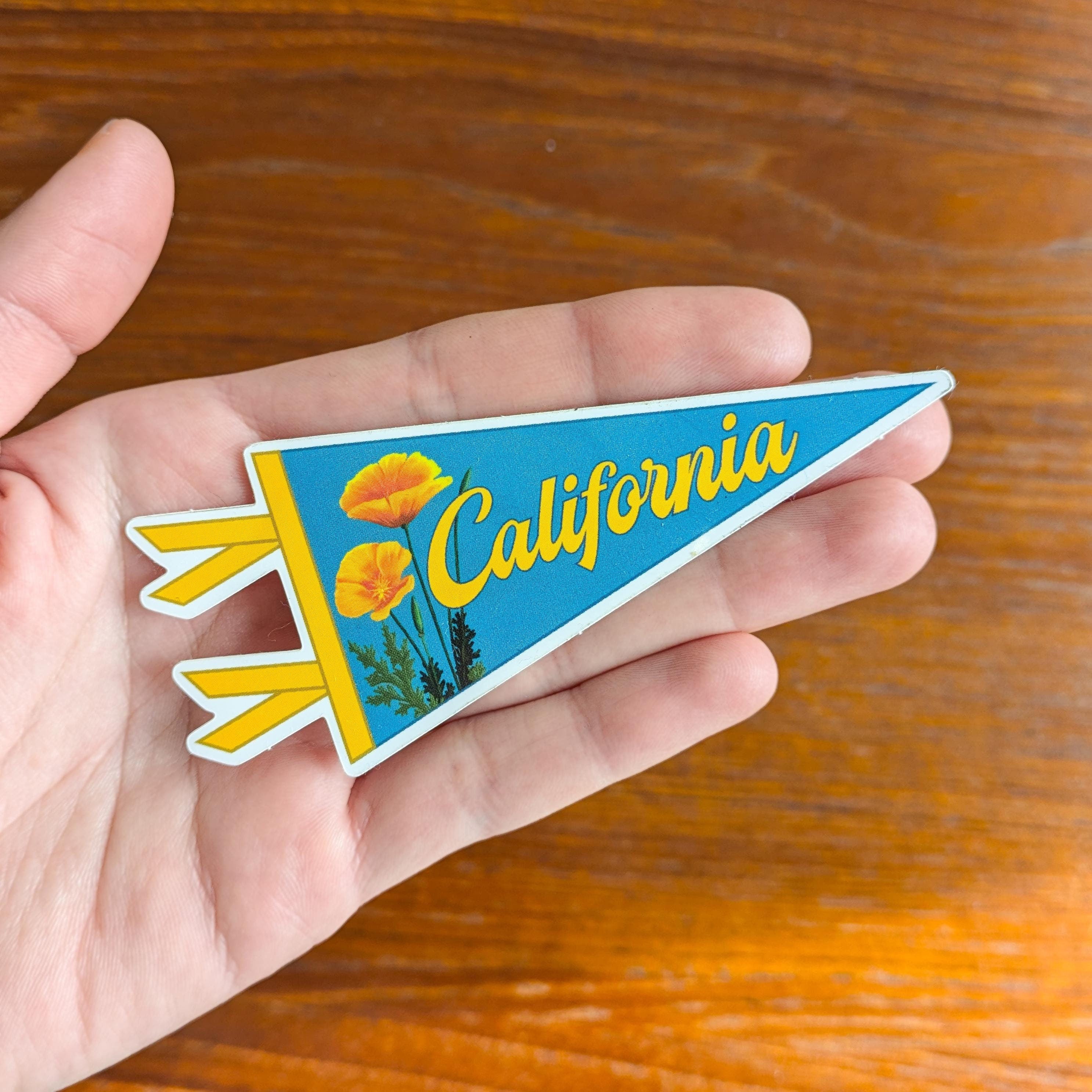 Hand holding a 'California' pennant-shaped blue and orange sticker with flowers 