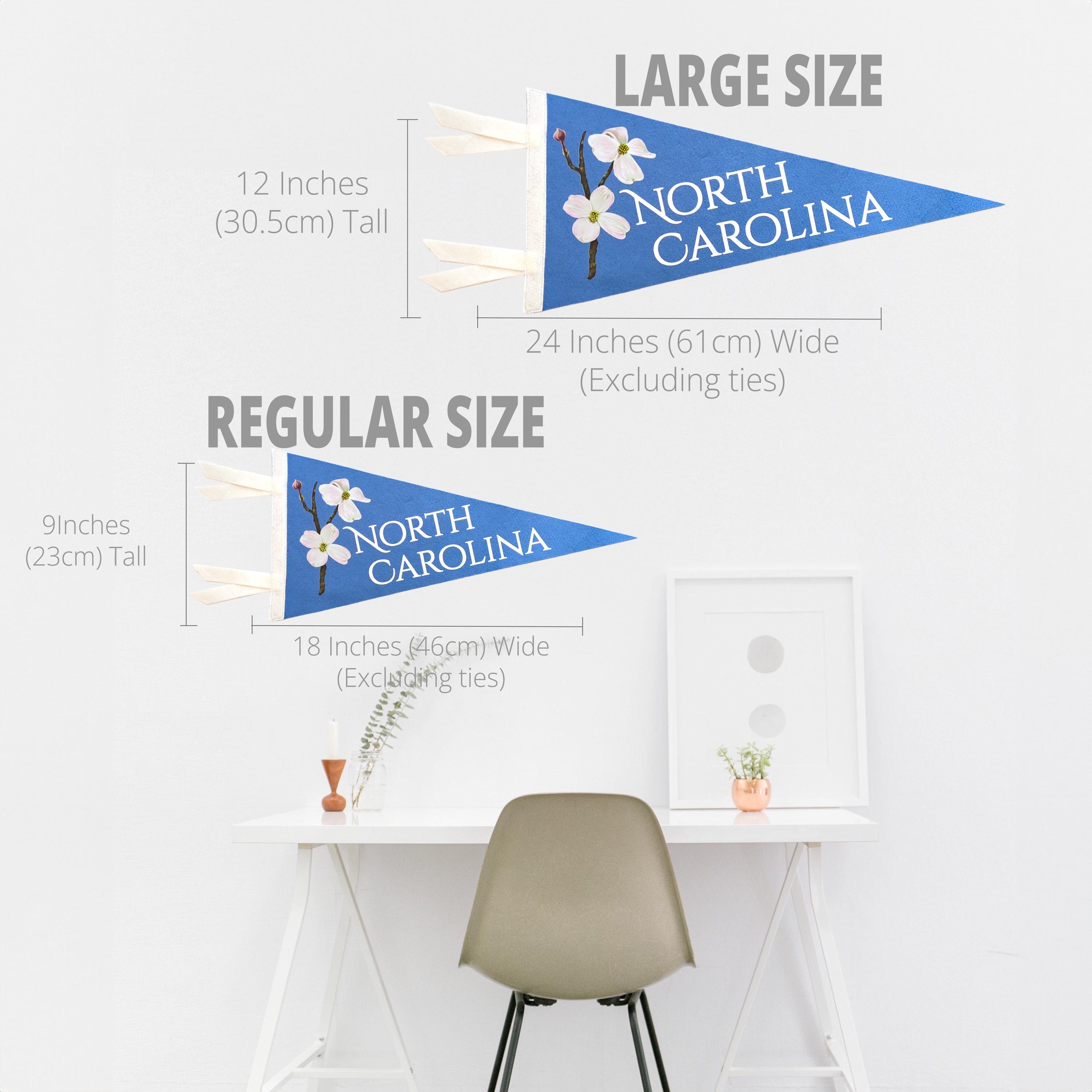 Comparison of North Carolina-themed pennants in large and regular sizes with measurements and a minimalistic setting.