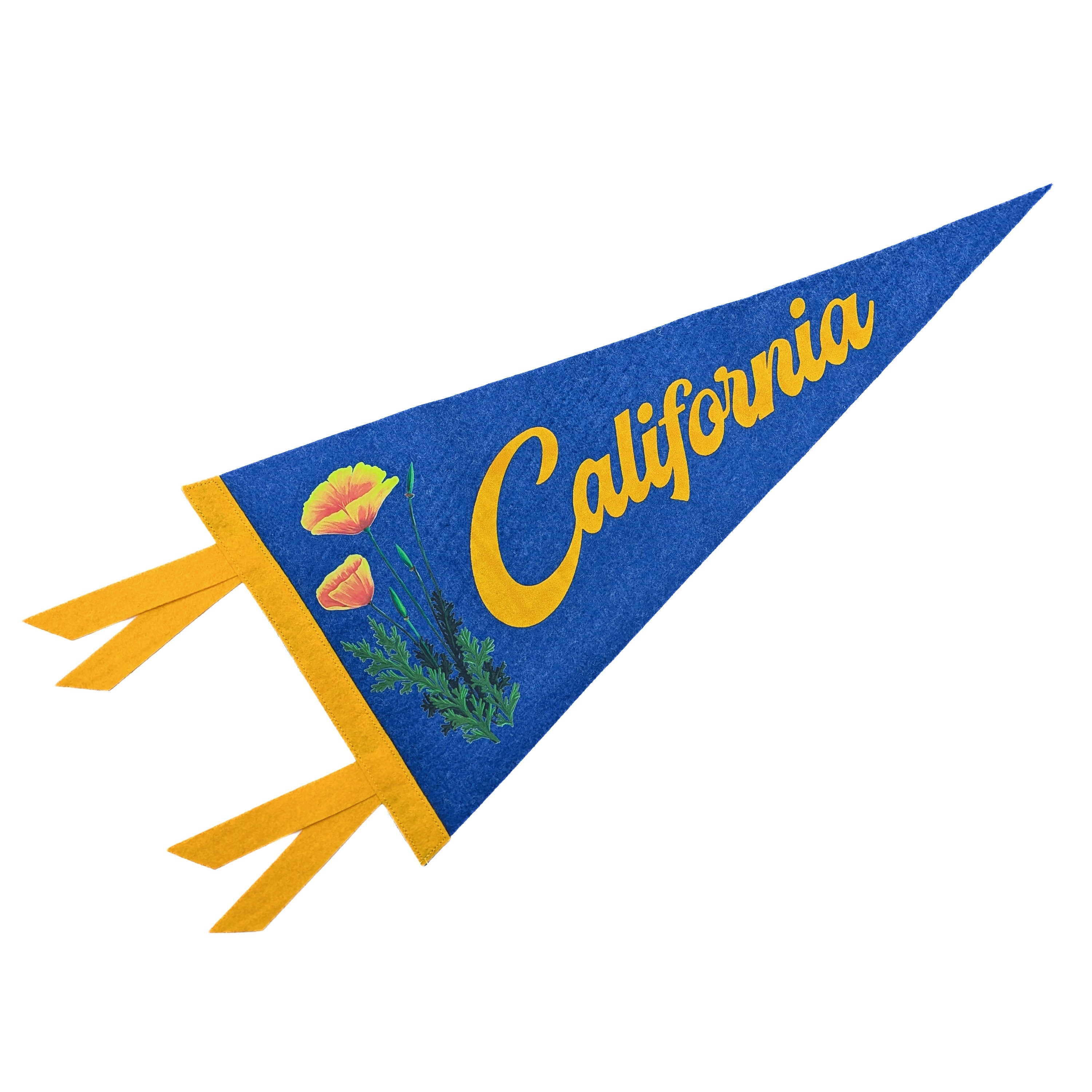 A pennant with 'California' text and a poppy design in yellow on a blue felt background, with yellow trim