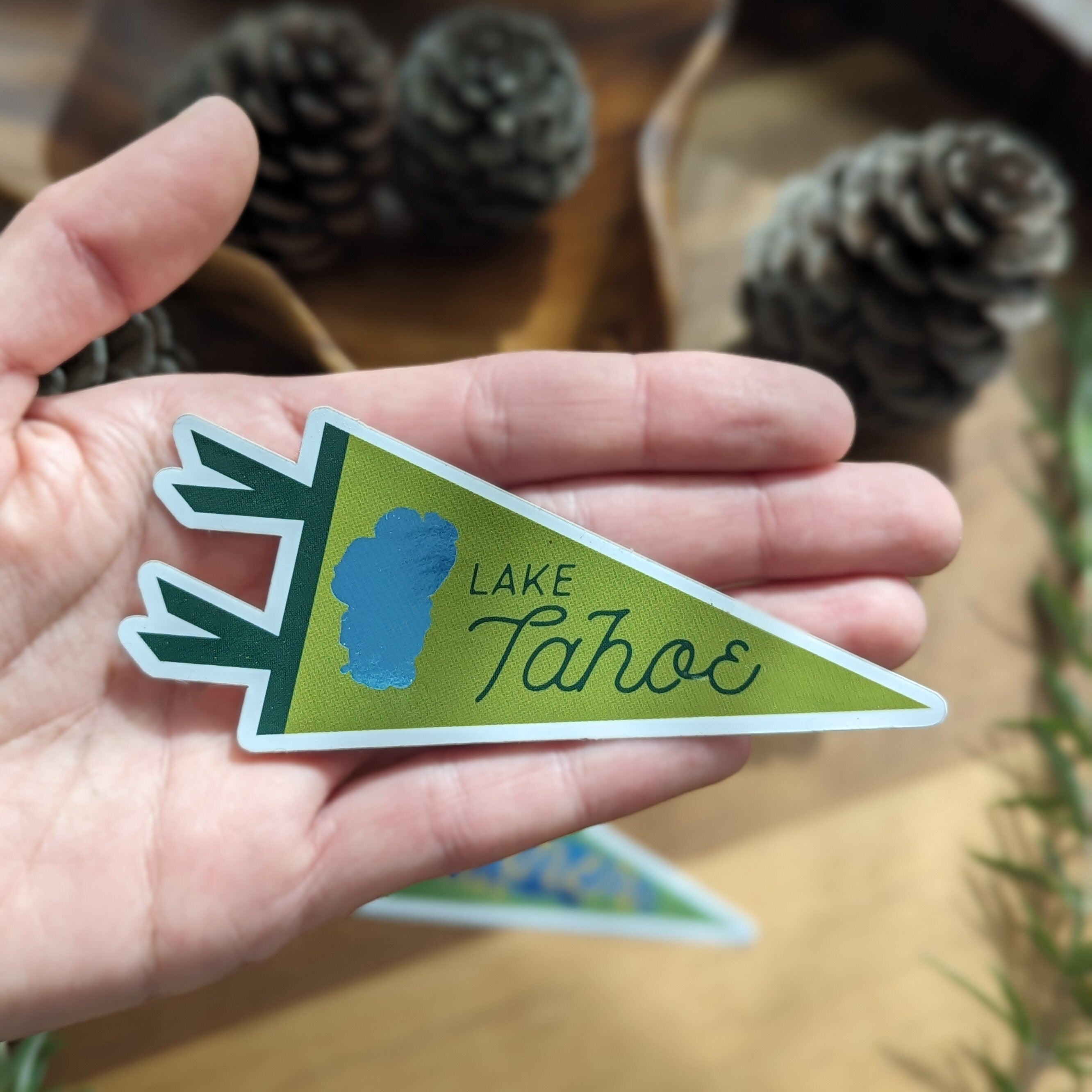 Hand holding a Lake Tahoe triangle-shaped sticker with pinecones in the background