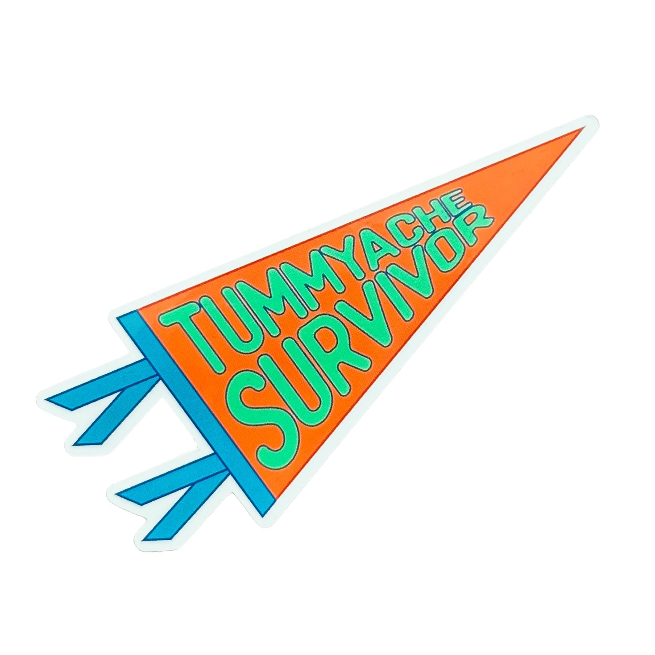 a pennant shaped "Tummyache Survivor" sticker on a white background.